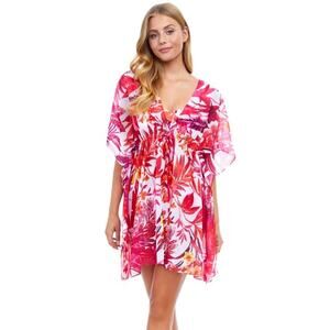 Profile by Gottex Floral Caftan M Semi-Sheer Flutter Sleeve Cover Up Resortwear